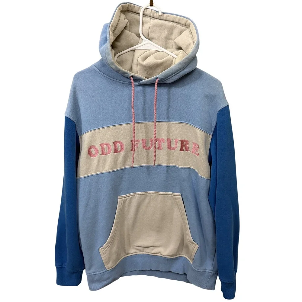 Odd Future Colorblock Hoodie Blue Cream Pink Embroidered Logo Mens Medium